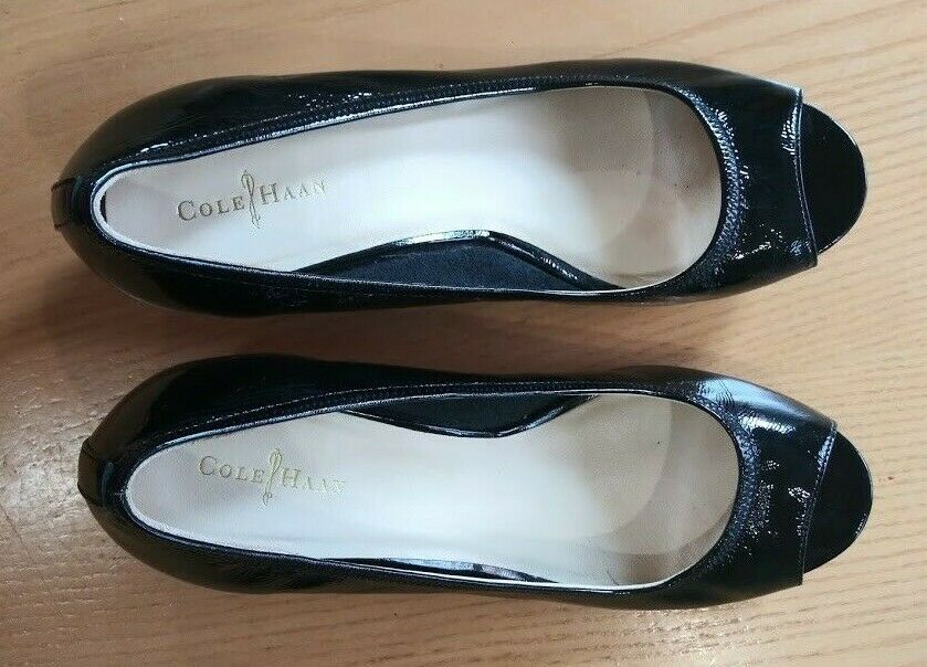 Cole Haan Black Patent Peep Toe Wedge Heels Shoes Size 8.5B