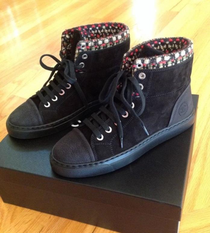 CHANEL Size 36 Black Suede Tweed High Top Lace Up Sneakers Flat Boot Multicolor