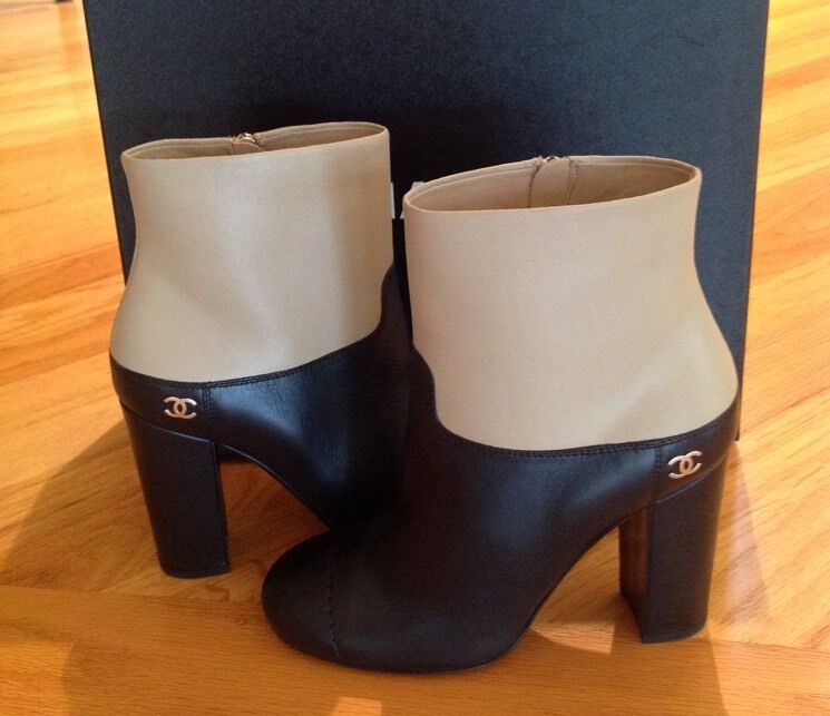 CHANEL Two Tone Leather Ankle Booties Boots Heels Shoes Black Beige SZ 36.5 BNIB