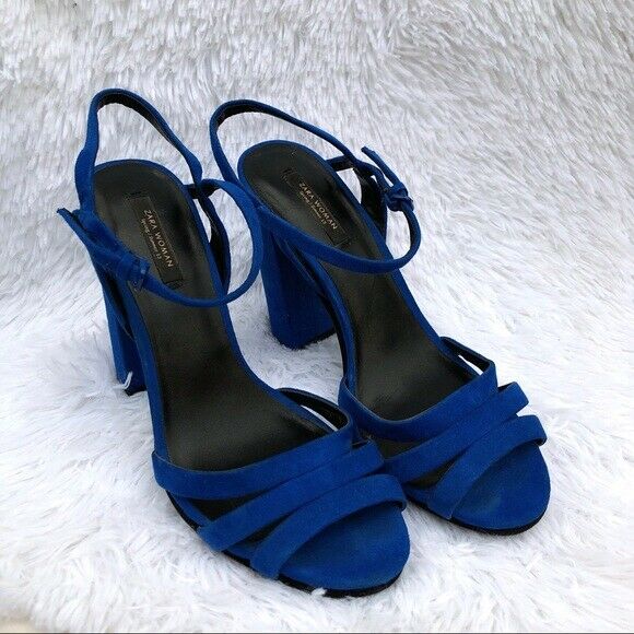 Women Zara Woman Spring Summer Cobalt Blue Suede Chunky Heels 39/9