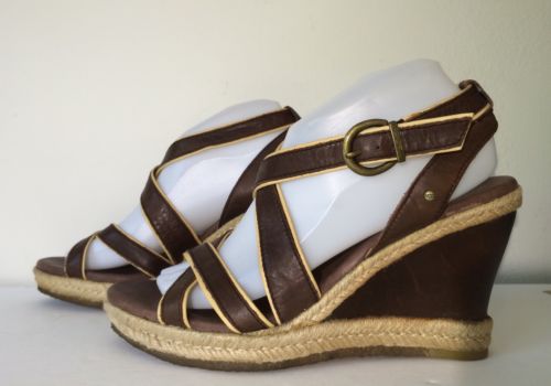 UGG Sandals Platform Wedge Espadrilles Heels Leather Brown Beige 8.5 $140 Nice