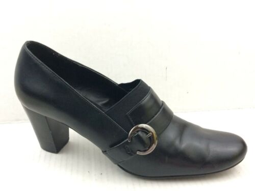 Dressbarn Womens 10 M Black High Heel Loafers Faux Leather Shoes Slip On Buckles