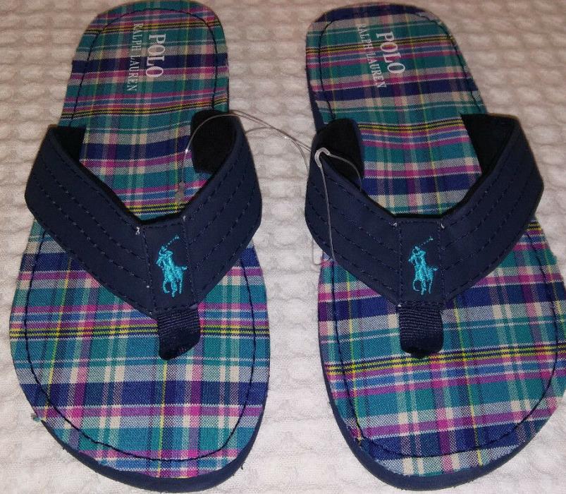 POLO RALPH LAUREN NAVY-TURQUOISE PLAID FLIP FLOPS-YOUTH SZ 4 ADULT SZ 6-New