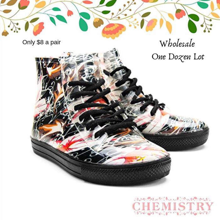 Wholesale Lot One Dozen(12) Women's Ankle Flat Floral Jelly Rain Boots Sneaker