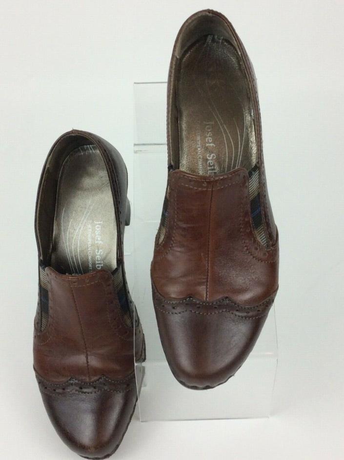 Josef Seibel Women’s Clogs Mules Brown Leather Shoes Plaid Detail EU 37 US 6.5