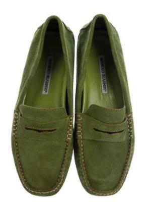 Manolo Blahnik 38.5 8 Green Suede Moccasins flats designer women's driving shoes