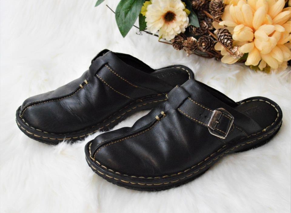 Born Leather Slip On Mules Clogs Buckle Slippers Comfort Thick Stitch Black 7M