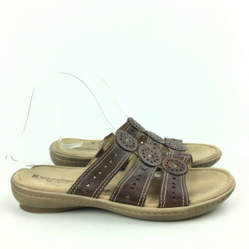 Naturalizer N5 Comfort Sandals Size 9 41 Janae Brown Leather Laser Cut Slides