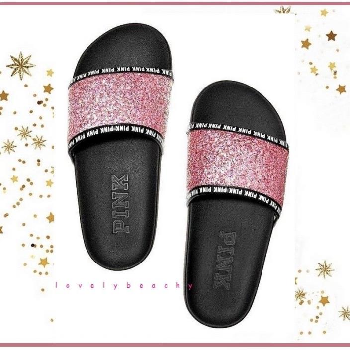 NWT Victoria's Secret PINK Bling Single Strap Slides ? Pink Glitter Logo M 7-8