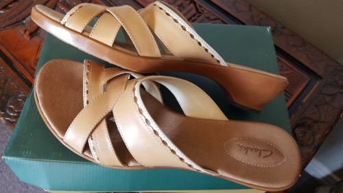 Women's Clarks Leather Slip on Sandal Benna Sandstone Tan white Size 11M