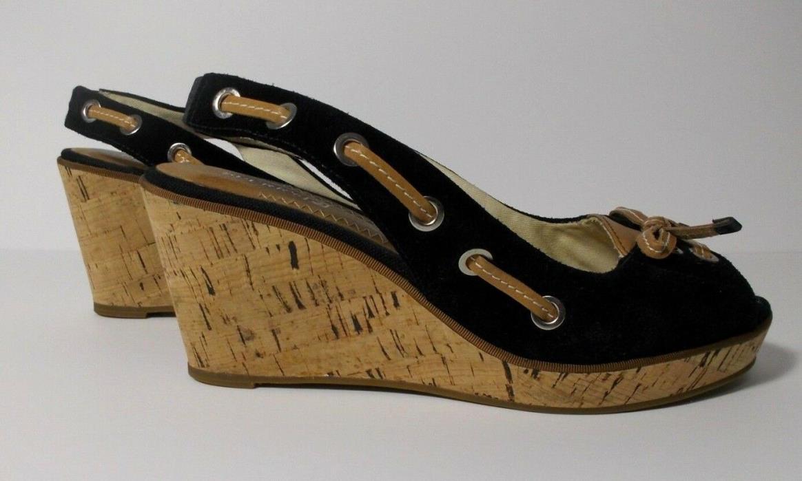 Sperry Top Sider Wedge Heel Canvas Peep Toe Black Womens Shoes Size 9.5
