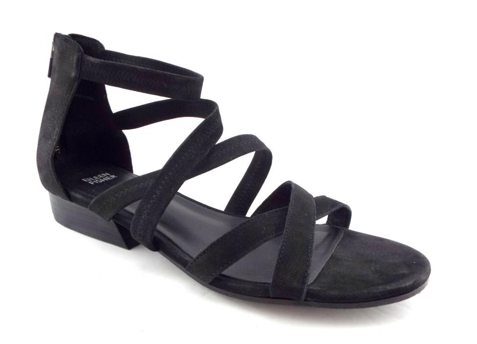 EILEEN FISHER Size 10 EVE NU Black Nubuck Strappy Flat Sandals Shoes