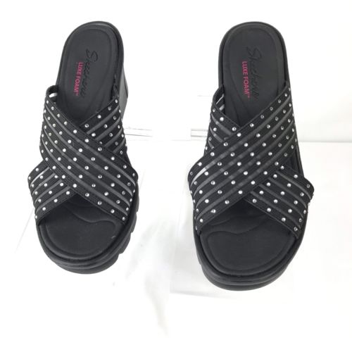 Skechers Women's Luxe Foam Cross Band Slide Sandals Black Wedge Size 6