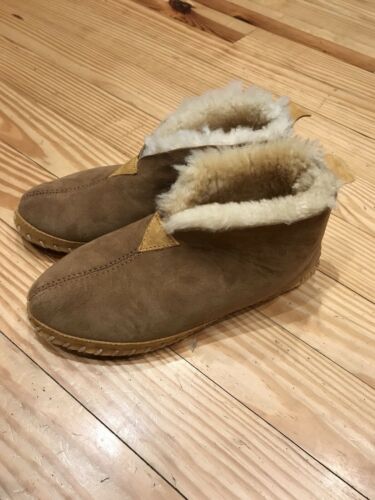 Womens L.L. Bean Slippers Brown Suede Shearling Fur Lined Size 8M