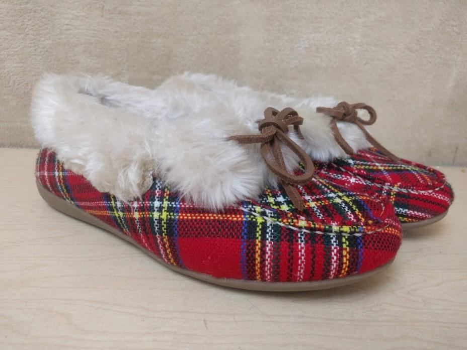 Womens~Slippers~Juniper~Red~Plaid~Faux Fur~Size 6~