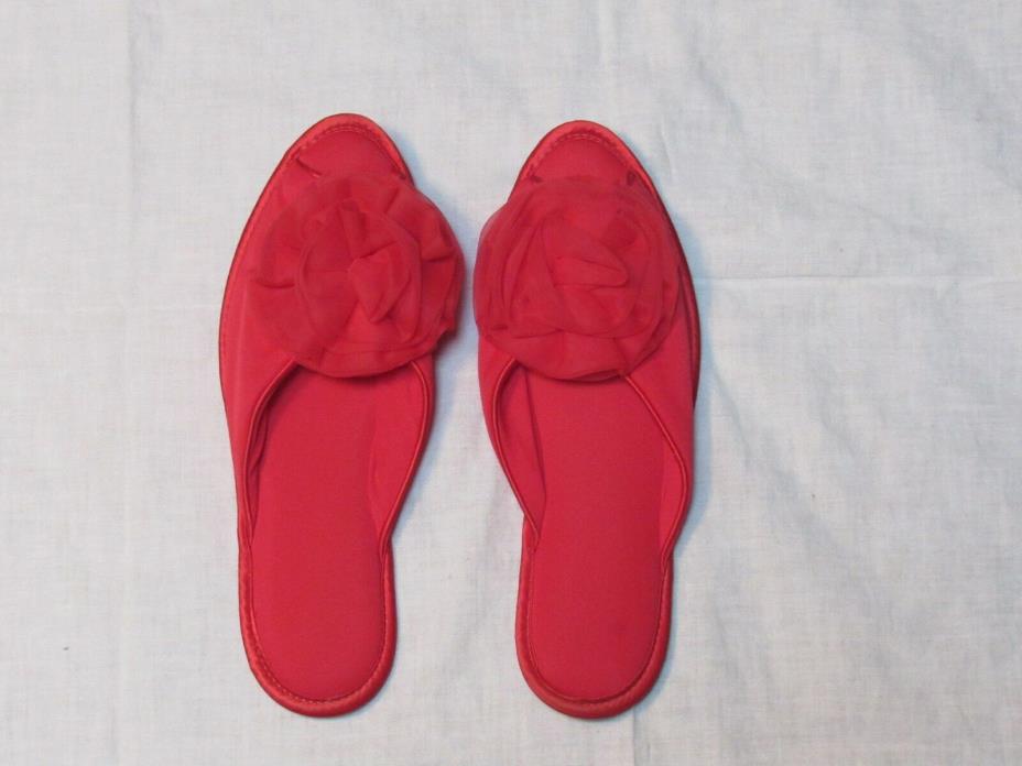 Vintage Nylon Slippers Dot and Peg Large 8-9 Cherry Red Rose Puffs Pretty Cute!