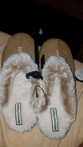 Secret Treasures Leather Slippers Clog Brown Faux Fur Memory Foam NEW S Size9/10