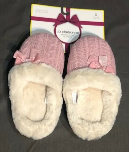 NWT Liz Claiborne Womens Slippers SzSM(5-6) Cable Knit Pink/ivory Memory Foam