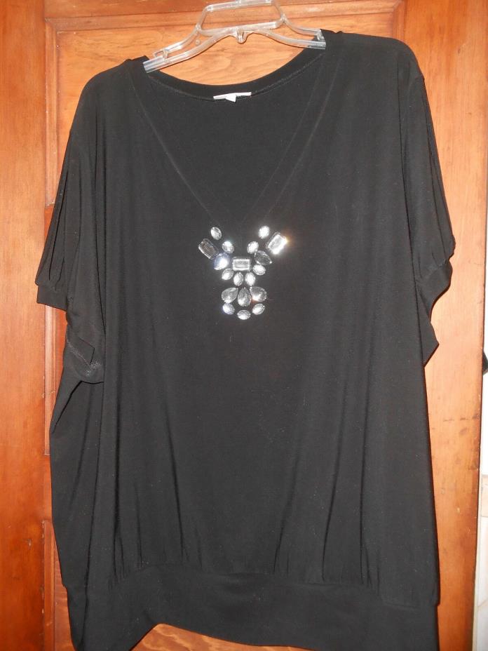 BLACK FASHION BUG BLOUSE WITH SHORT SLEEVES & STONES 4X EXCELLENT CONDITION