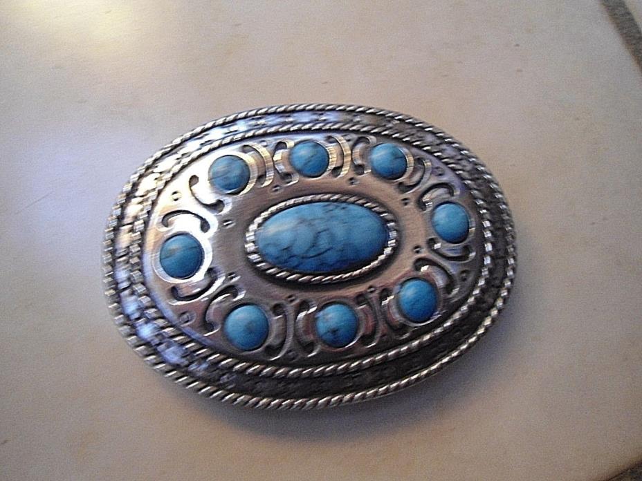 Women's Oval Nickel Belt Buckle Faux Turquoise Rope Design Edge