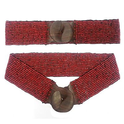 Red Womens Beaded Multi-strand Stretch Belt Unique Hardwood Clasp