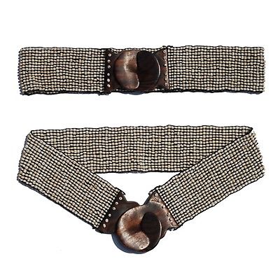 Bone White Womens Beaded Multi-strand Stretch Belt Unique Hardwood Clasp