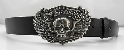 Skull & Roses Burnished Silver Motorcycle Buckle & Black Leather Belt - M 34-36