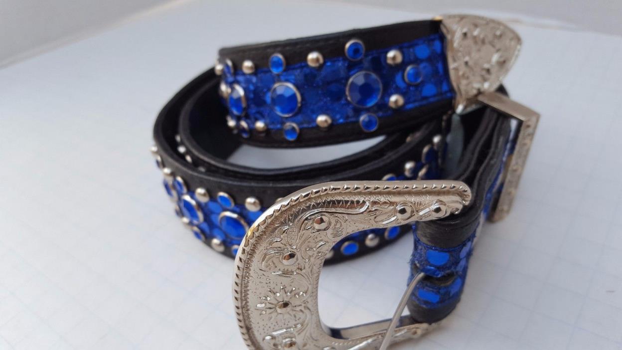 Womens Valencia Western Belt Wide Black Royal Blue Bling Rhinestones Studded L