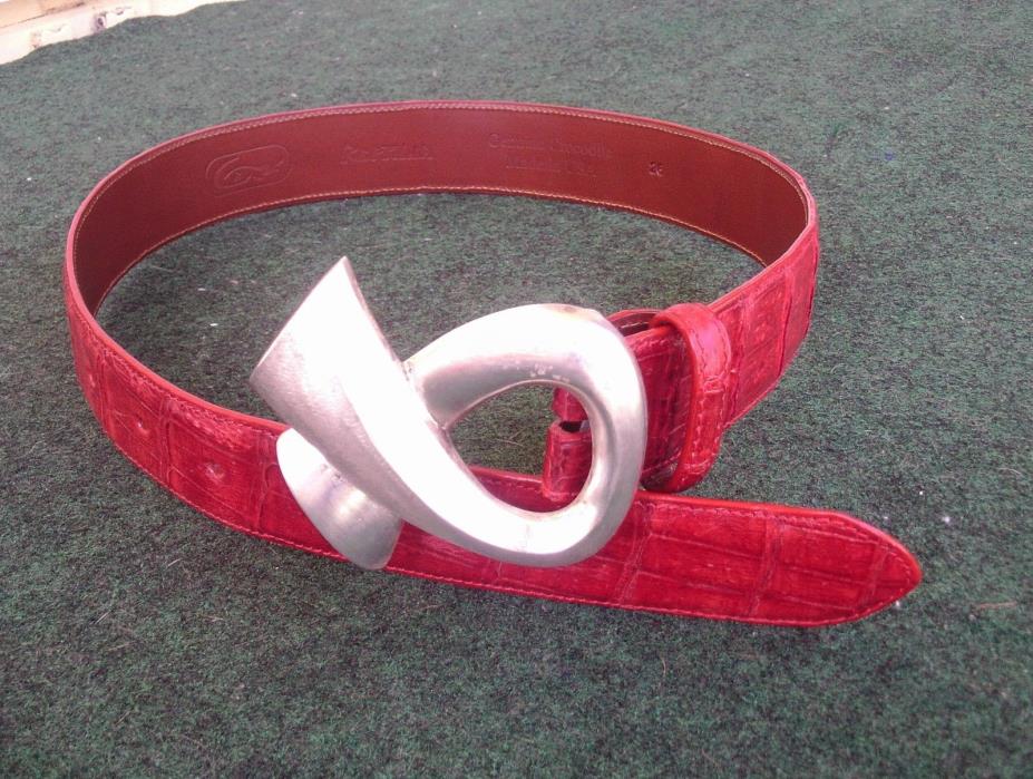 Cincture Silver Belt Buckle & Red Reptilia Crocodile Belt Womens Size 26 Leather
