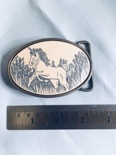 VINTAGE UNICORN Belt Buckle PEWTER White And Blue  Mystical Creatures oDEN