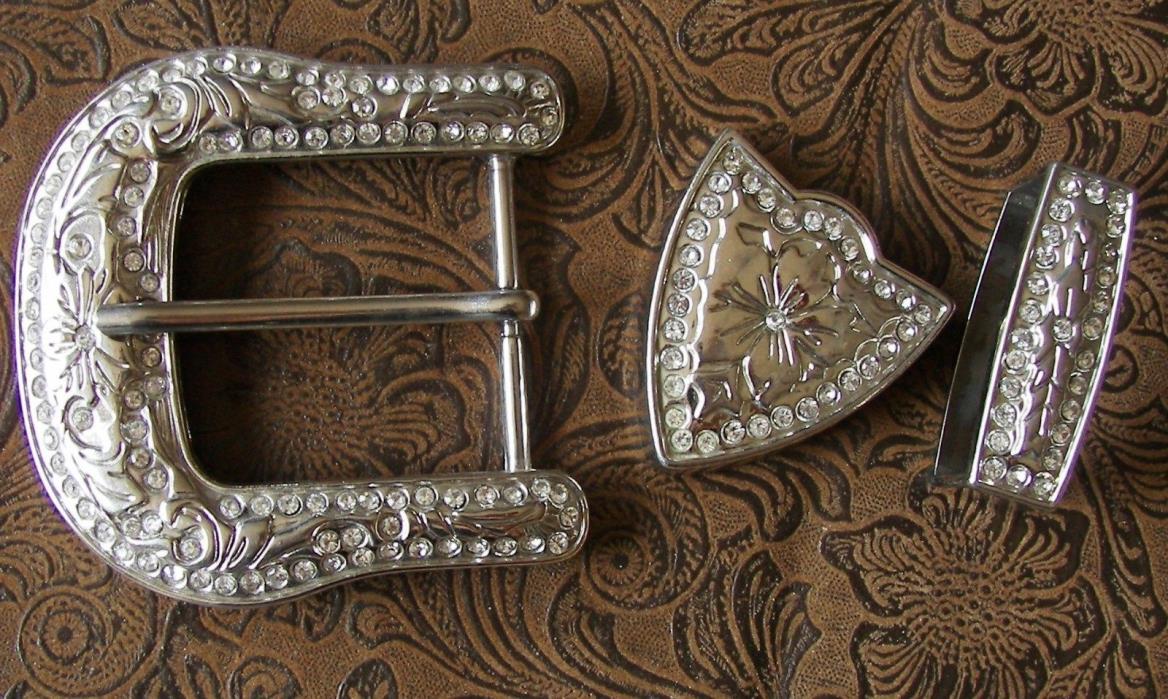 3 pc WESTERN  BLING BELT BUCKLE,CLEAR STONES,BUCKLE,KEEPER& TAIL END