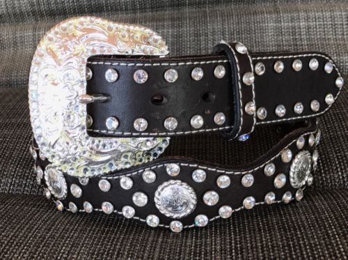 SM Rhinestone Scalloped Studded Brown Leather Western Belt*Nocona*