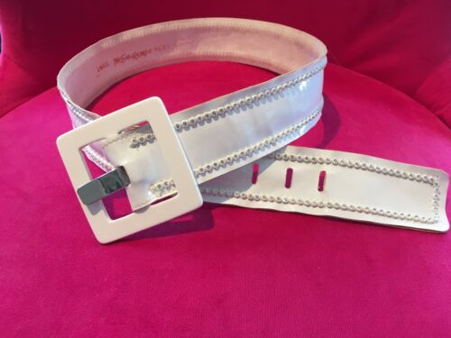 VTG YSL YVES SAINT LAURENT Wide BELT WHITE PATENT LEATHER & CLEAR CRYSTAL Size L