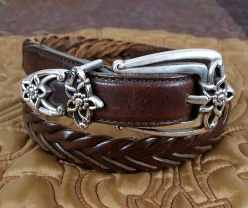 Brighton Womens Brown Braided Leather Belt Silver Trim Flowers Sz S 28 Western