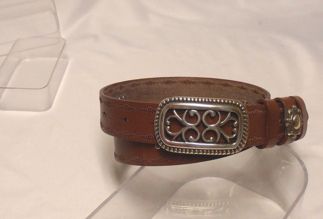 OLGA SANTINI M (30-34) Italian Brown Leather Embroidered Silvertone Buckle Belt