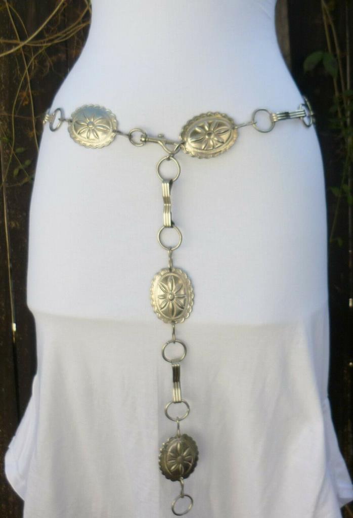 Vtg. Silver Tone Metal Embossed Concho Chain Belt   47