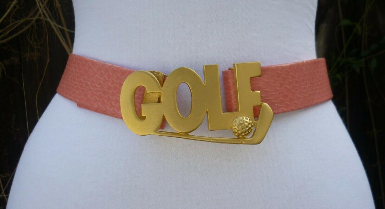 Vtg. Dotty Smith Matte Gold Tone Double Golf Buckle w/Pink faux. Leather Belt