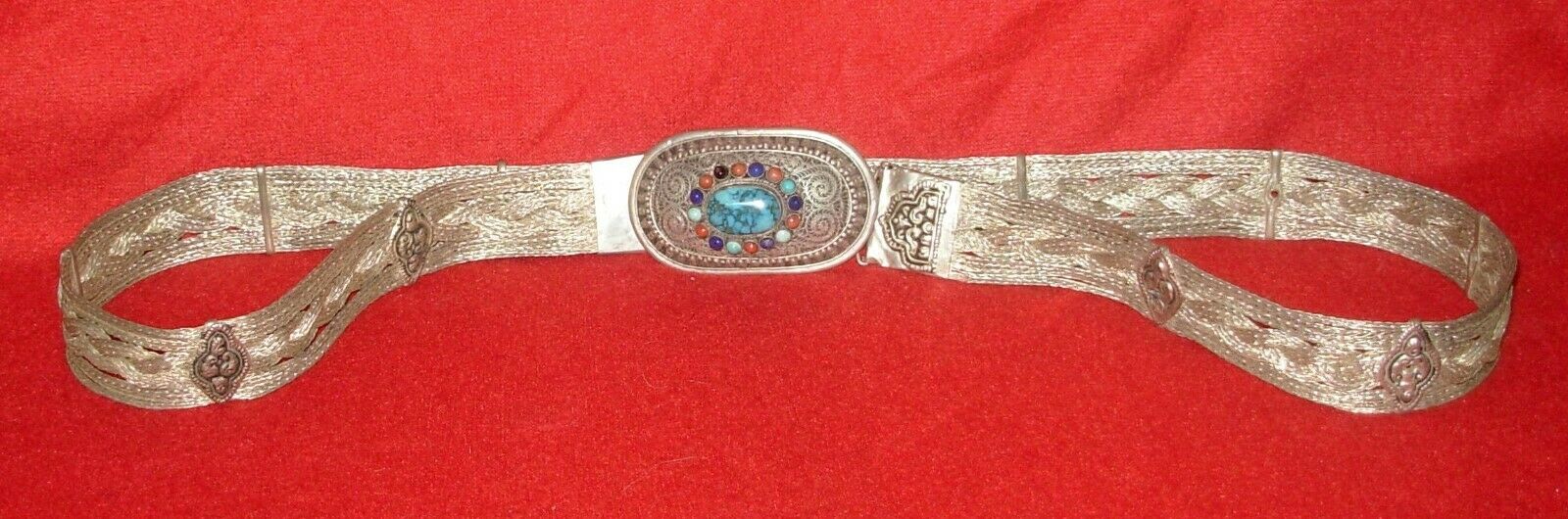 Rare Vintage Burmese Coin Silver Wire Ladies Belt And Buckle-Turquoise-Burma