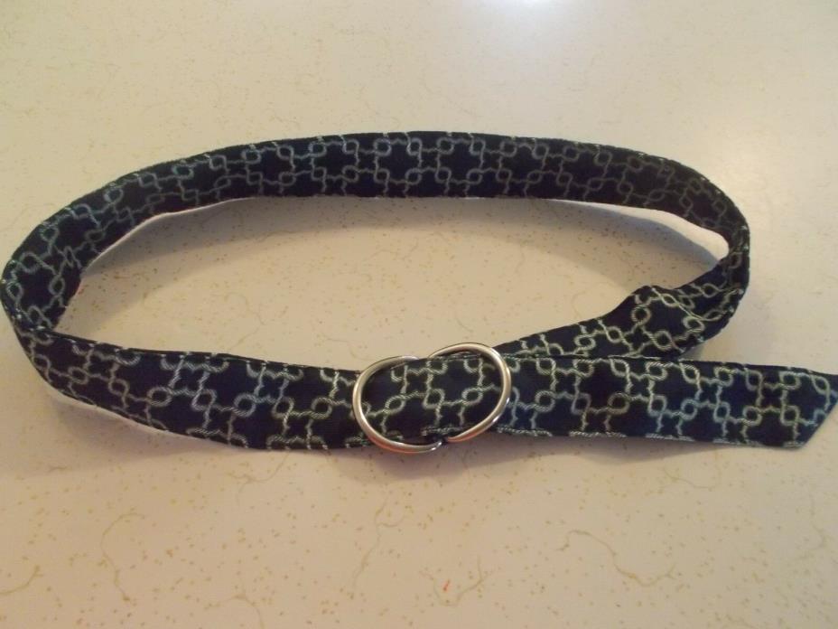 LADIES CLOTH BELT NAVY BLUE GREEN AND WHITE METAL RINGS 41INCHES