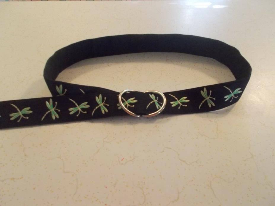 LADIES CLOTH DRAGON  FLY STITCHED  BELT  BLACK GROUND METAL LOOPS 39 1/2 INCHES
