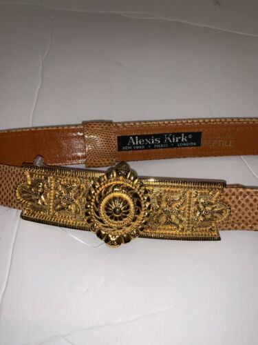 Alexis Kirk Caramel Reptile Leather Women’s Belt Gold Tone Buckle Clasp Designer