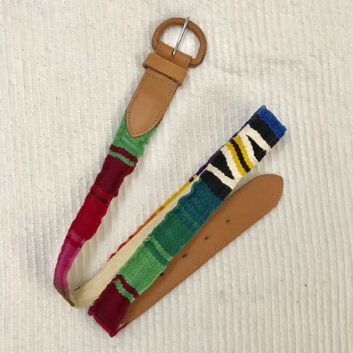 Guatemala Waist Belt Tooled Brown Leather Woven Multi-Color Textile Boho L 39”