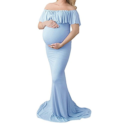 COSYOU Maternity Short Sleeves Off Shoulder Ruffles Neck Slim Fit Gown Maxi XL,