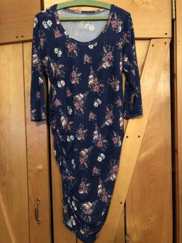 Lovely Maternity Dress,Belly Glow,Deep Blue Floral,Shirring at Tummy,Size Large