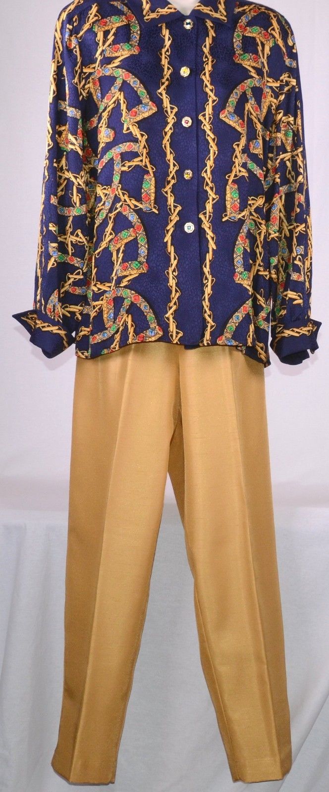 Designer ADRIANNA PAPE'LL 2PC  Navy & Gold Pants Outfit 100% Silk Women Sz 12