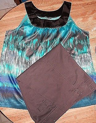 Women's 2 Pc Set apt.9 Top Stretch XL NEW Teal/Multi Sonoma Capri Pants 16 Brown