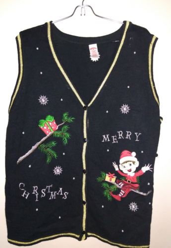 New Holiday Christmas Sweater Vest Elf Ugly Cardigan Plus 2X Black Gold Gift