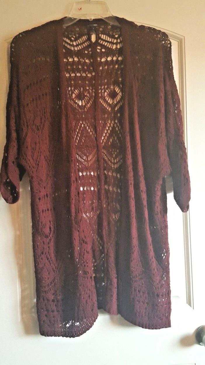 PaperMoon Loose Knit Long Open Front Sweater,Batwing Sleeve 3/4,Burgundy Red, L