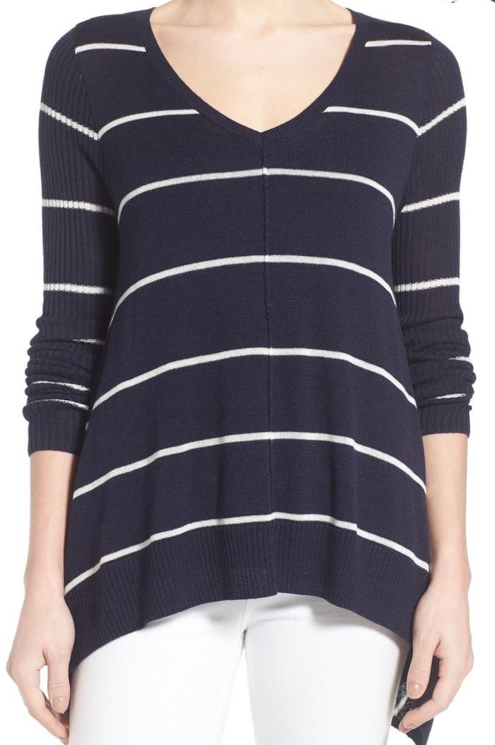 Willow & Clay Stripe V-Neck Sweater Side Shark Hem Blue & White S MSRP $88 NWT