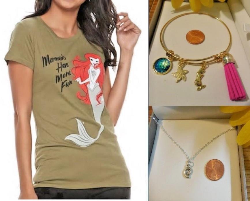 Disney Little Mermaid Women JUNIORS Graphic Tee With Necklace LOT and Bangle New